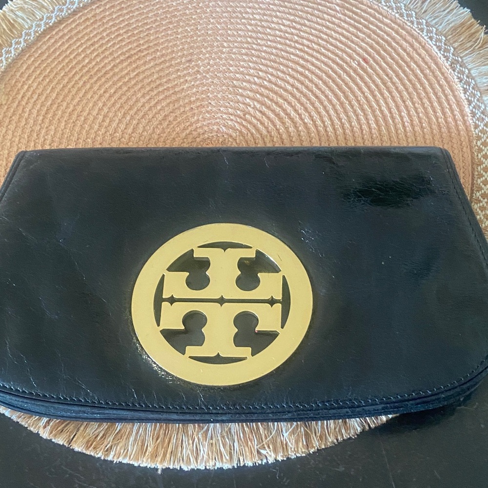 Tory Burch Black Leather Card & Key Holder with Gold Logo